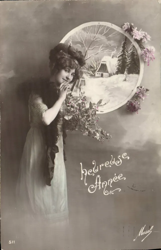 Femme en robe d'hiver — décor de paysage hivernal — Meusel, n°511 - Recto