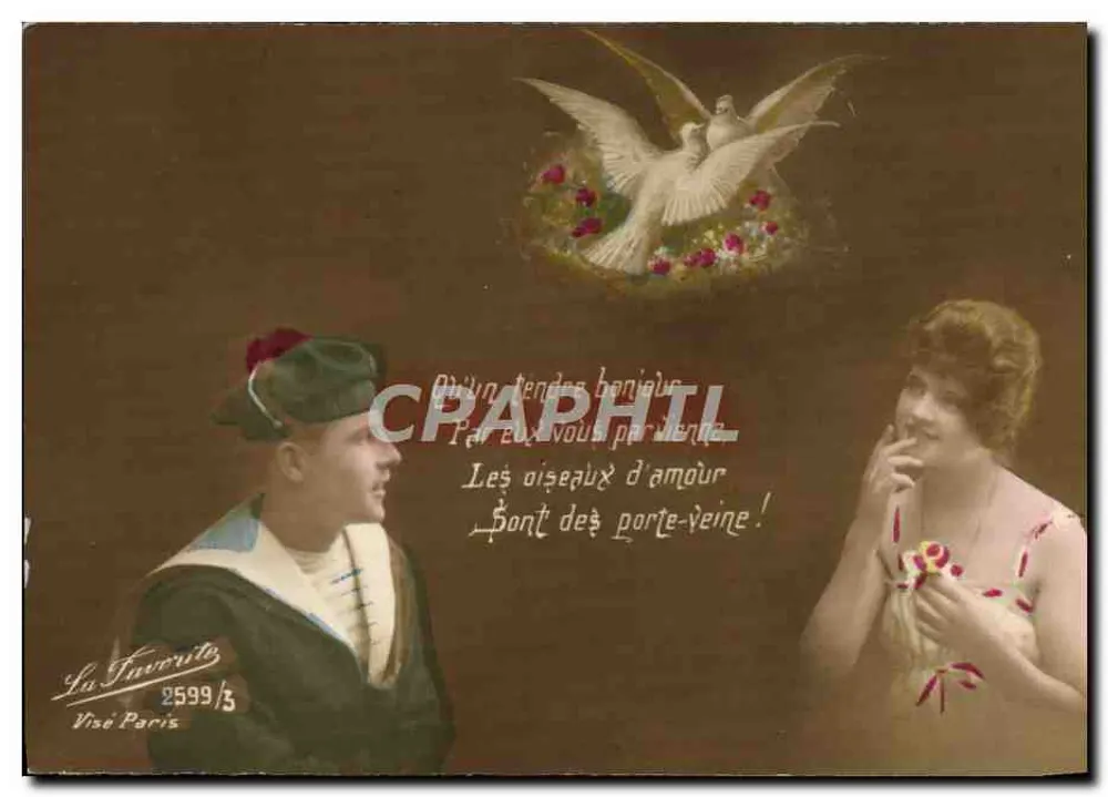 Junges Paar in Seemannsuniform und elegante Frau — Liebesvögel — La Favorite, n° 2599/3, Paris - Vorderseite