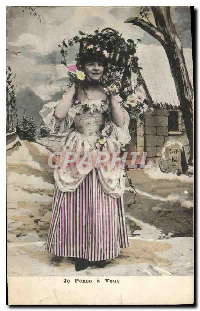 Ich denke an Dich — junge Frau in einem gestreiften Kleid mit einem Blumenkorb — unbekannter Verlag - Vorderseite