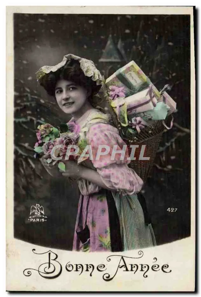 Femme portant un panier de cadeaux — Bonne Année — Paris, n° 427 - Recto