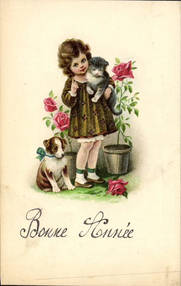 Kind mit Katze und Hund — Rosen — Frohe Neujahr — Verleger Grundt - Vorderseite