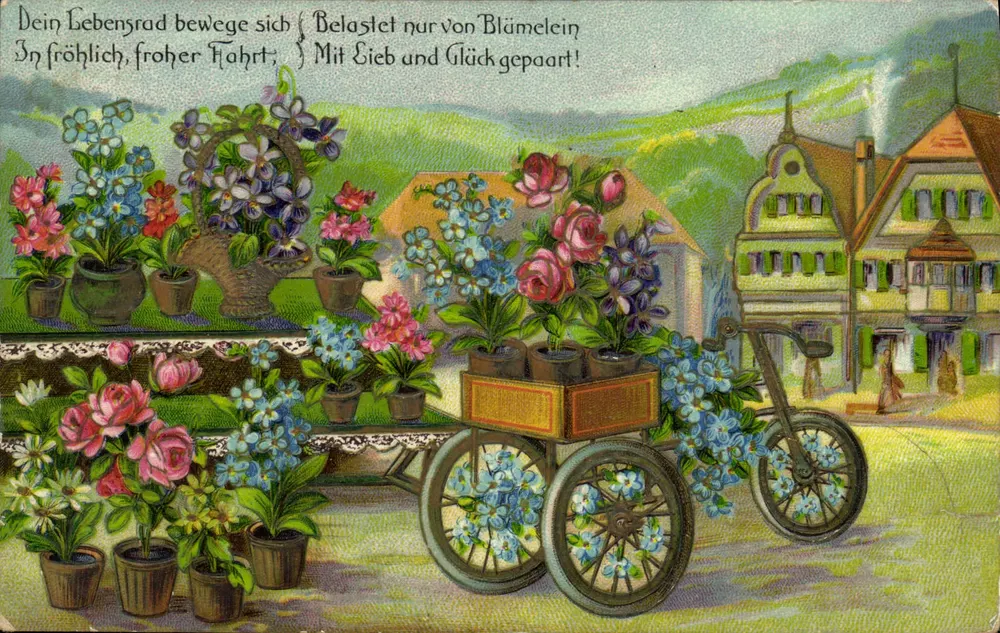 Vélo décoré de fleurs — scène de rue — imprimé en Allemagne, n° de série 753 H - Frente