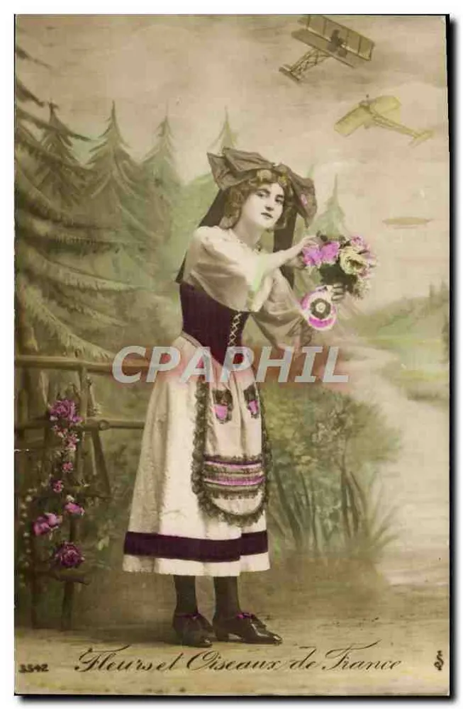 Blumen und Vögel Frankreichs — junge Frau in Volkskostüm mit Blumenstrauß — Verlag Blumen und Vögel Frankreichs, n° 3542 - Vorderseite