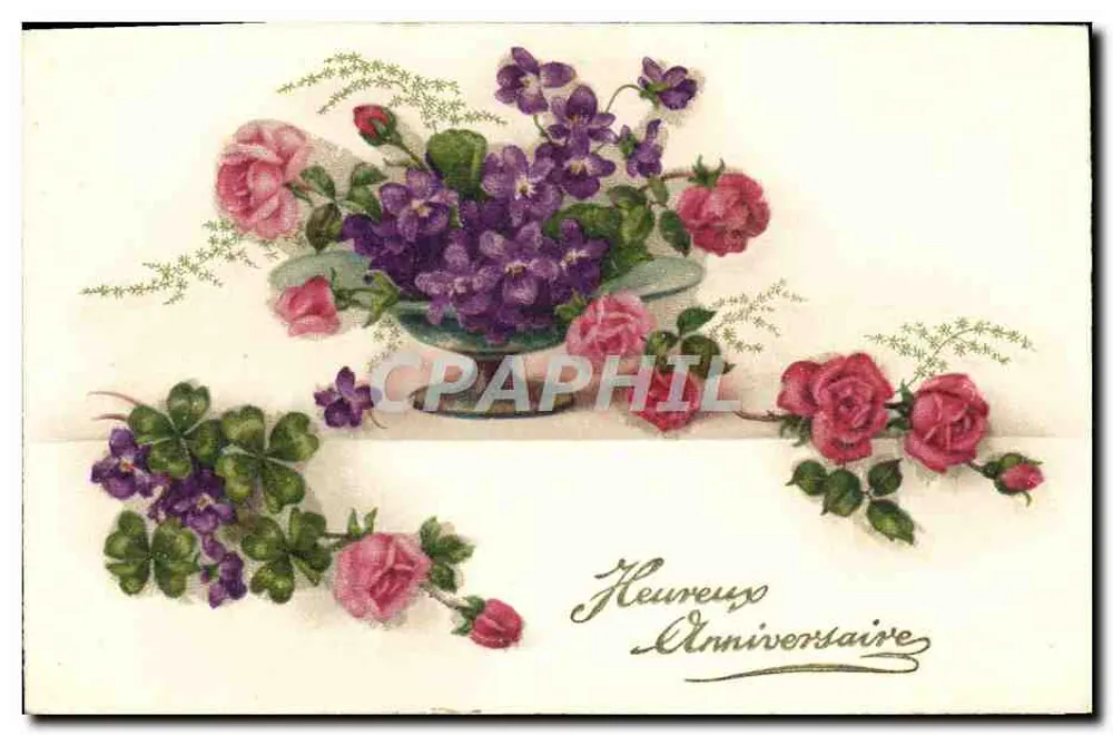 Arranjo de violetas e rosas — Aniversário — Carta Postal - Frente