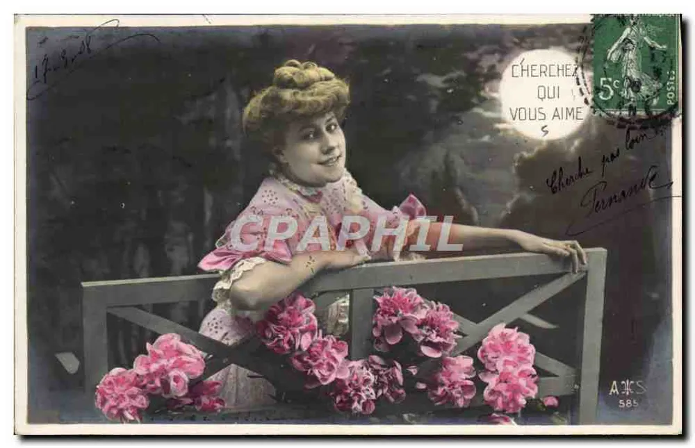 Femme au balcon — roses — A.ES. n°585 - Recto