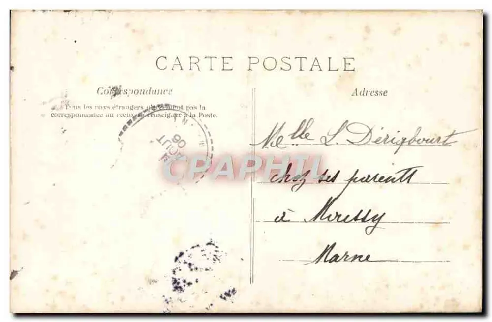 Femme en robe ornée cueillant des fleurs — M.F. PARIS — n° de série non visible - Verso