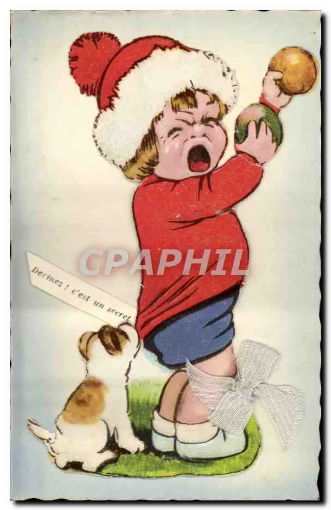 Enfant en bonnet de Noël avec chien — texte humoristique — éditeur non visible - Recto