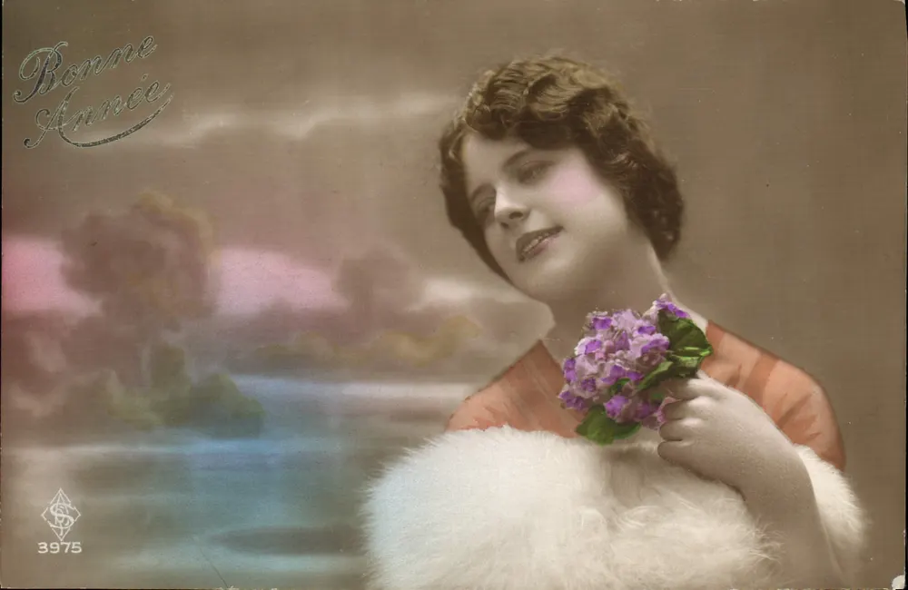 Jeune femme avec bouquet — Bonne Année 3975 — éditeur S. & C. n° 3975 - Recto