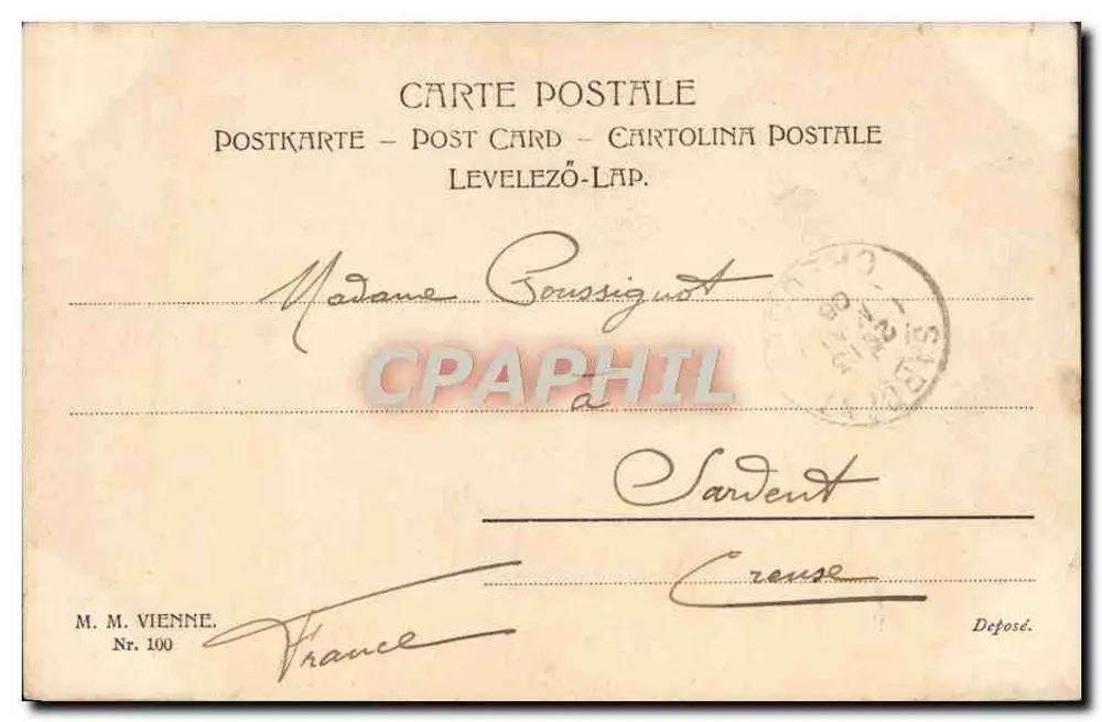 Jeune femme en chapeau à plumes — éditeur M.M. Vienne, n° 100 - Verso