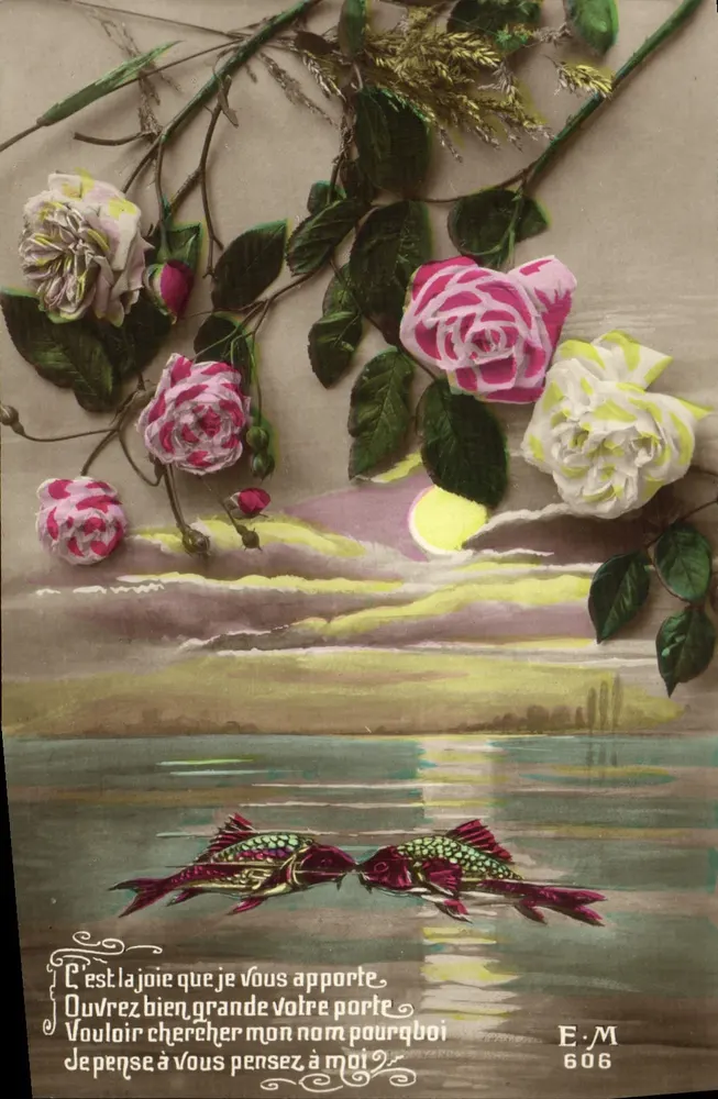 Rosas e peixes — cena de rio ao pôr do sol — E.M. 606 - Frente