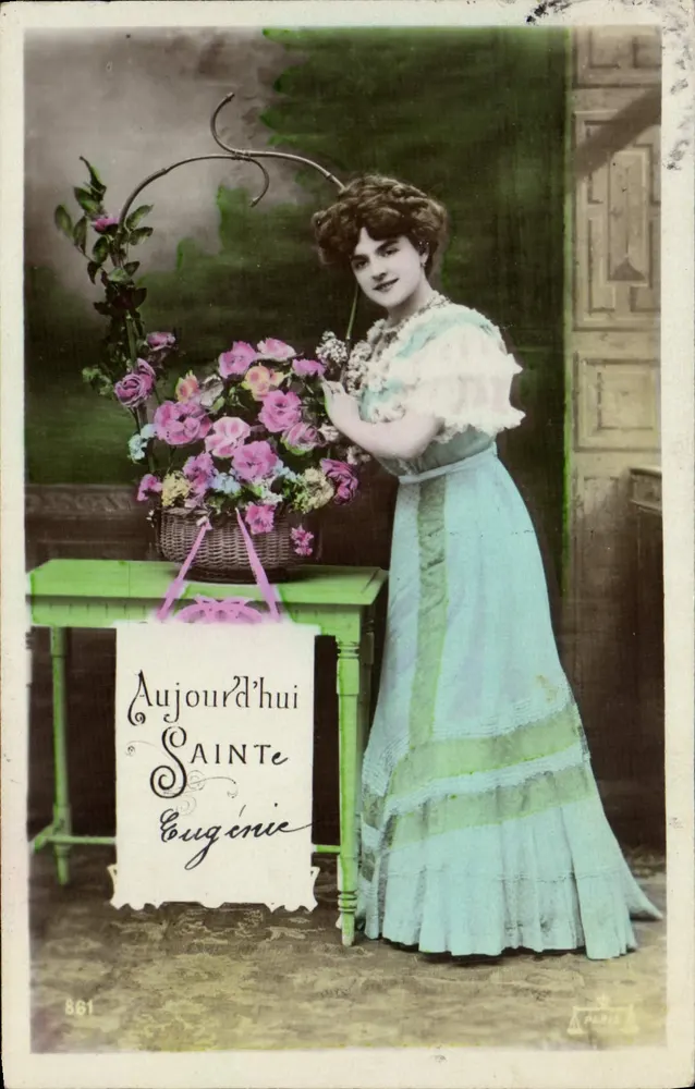Frau in blauer Kleidung — mit Rosenstrauß und Schild 'Heute heilige Eugénie' — Paris, Nr. 861 - Vorderseite
