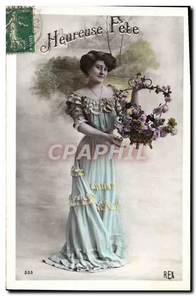 Femme en robe bleue tenant un bouquet — Heureuse Fête — REX, n° 333 - Recto