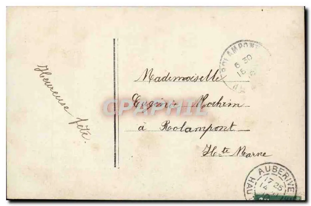 Femme en robe bleue tenant un bouquet — Heureuse Fête — REX, n° 333 - Verso