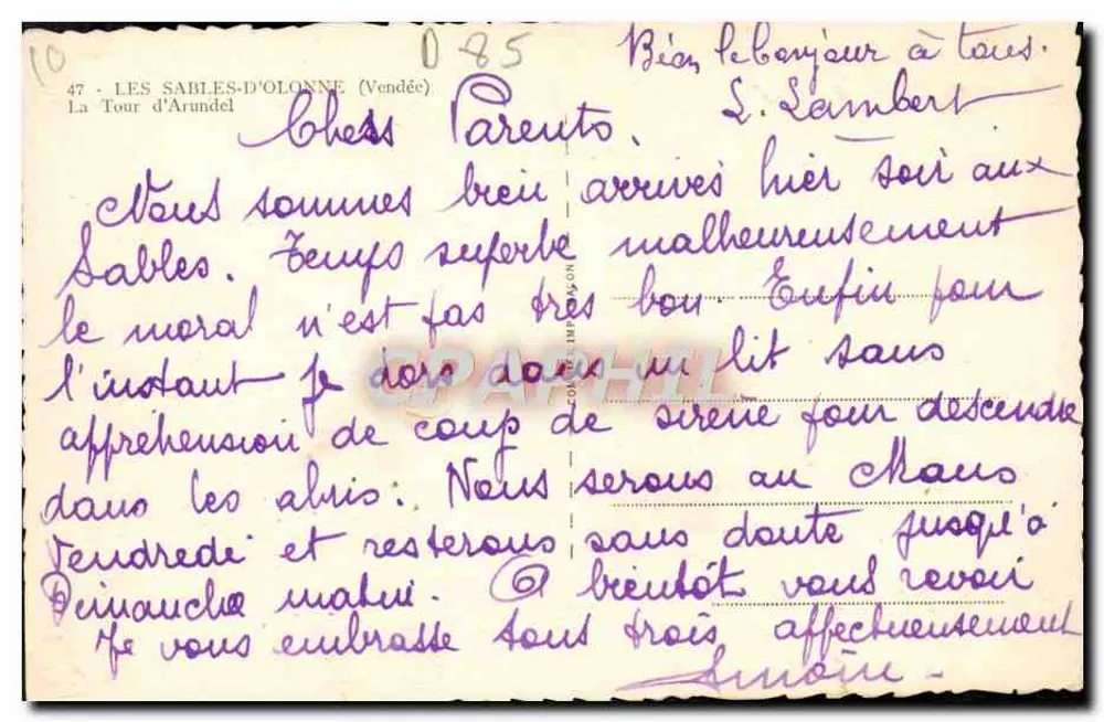 Les Sables-d'Olonne — A Torre de Arundel — Bilhete postal antigo n°47 - Verso