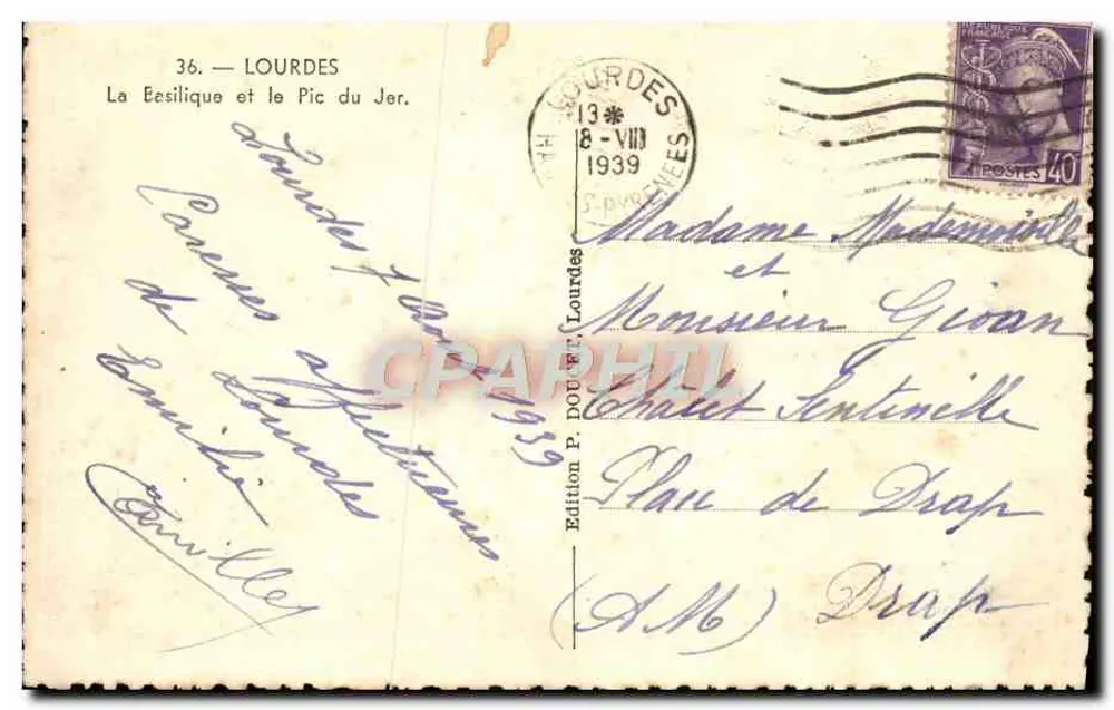 Lourdes — A Basílica e o Pic du Jer — Edição P. Douart, n°36 - Verso