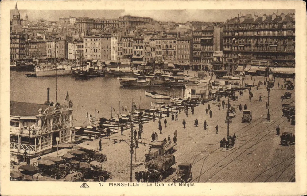 Marsiglia - Il Quai des Belges — vista del porto con barche e veicoli — editore ARA, n° 17 - Recto