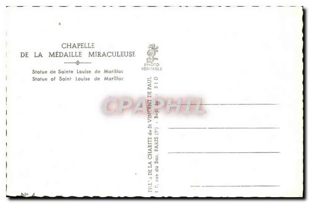 Statue der heiligen Louise de Marillac — Kapelle der Marienmedaille — Verlag: TILL & Cie, Paris - Rückseite