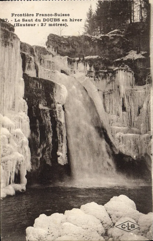 Französisch-schweizerische Grenze — Der Doubs-Sturz im Winter — Höhe: 27 Meter — C.L.B. - Vorderseite