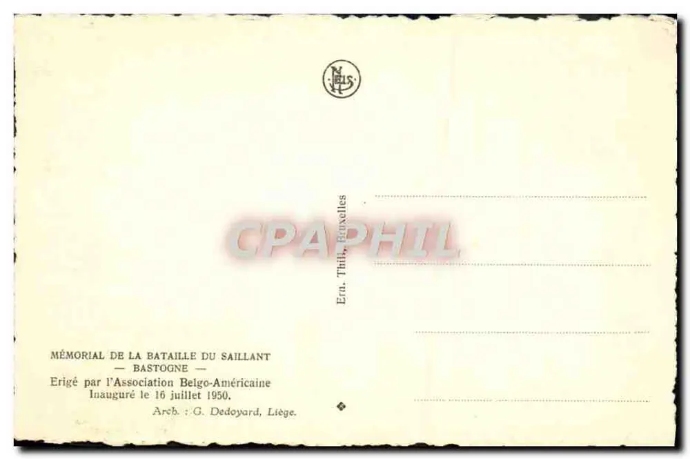 Memorial da Batalha do Saillant — Bastogne — Erguido pela Associação Belga-Americana — Editor Thil, Liège - Verso