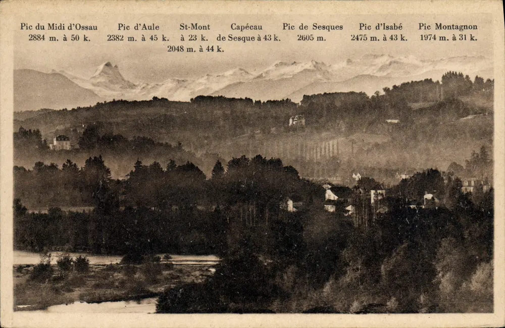 Cadeia dos Pirineus — Vista dos picos de Ossau, Aule, Mont Capécau e Montagnon — Ch° des Arts Photomécanique, Paris - Frente