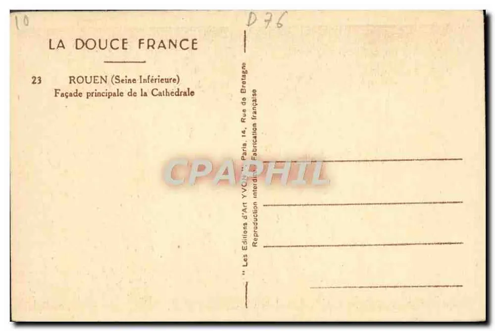 Rouen — Fachada principal da Catedral — Les Éditions d'Art YVCN, Paris - Verso