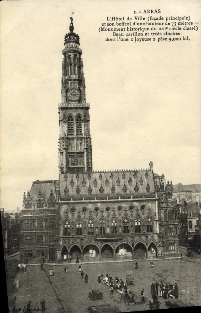 Arras — Das Rathaus (Hauptfassade) und sein Glockenturm — Verleger B. D. Raubais - Vorderseite