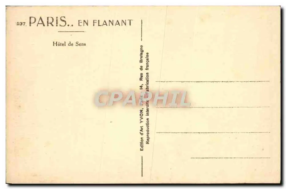Hôtel de Sens — Paris — Edição Yvon - Verso