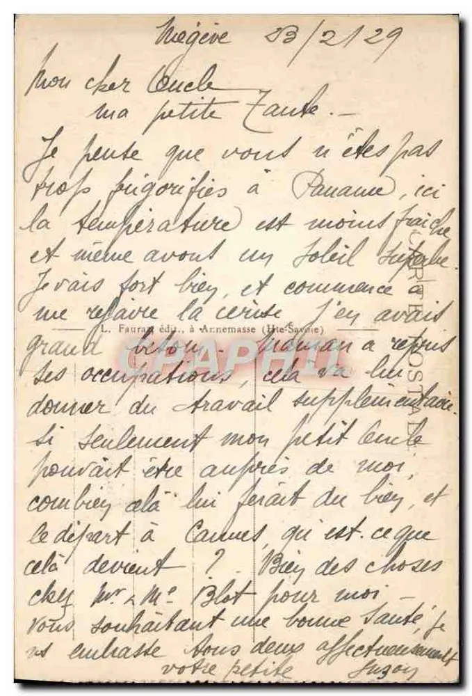 O Mont-Blanc visto de Megève (Haute-Savoie) — editor L. Fauran, n° 17 - Verso