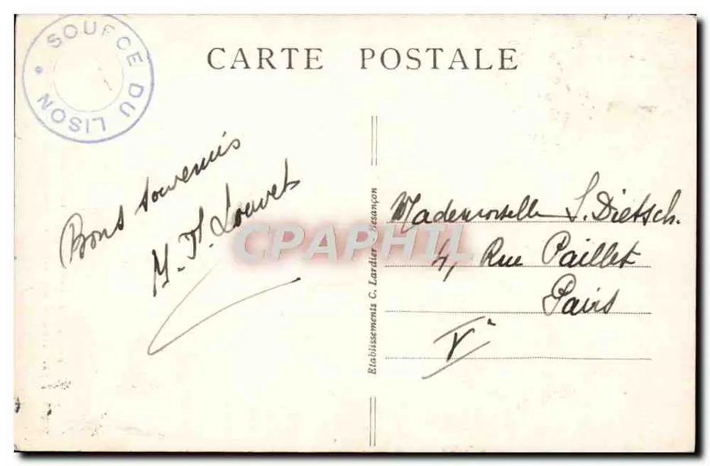 Le Cveux Biard — Sítios pitorescos de Salins (Jura) — Editor F. Lardier, n° 22.417 - Verso