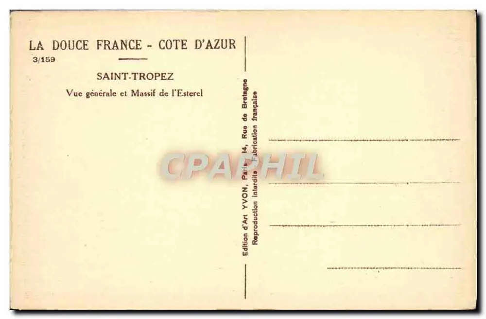 Saint-Tropez — Vista geral e Massif de l’Esterel — Edição de Arte YVON, Paris - Verso