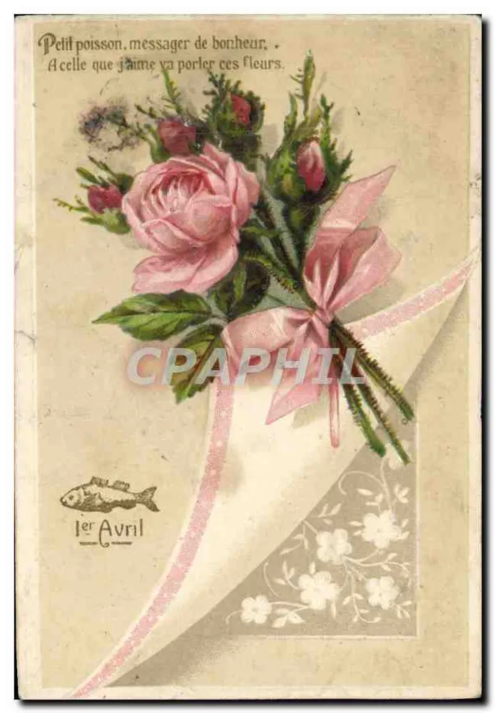 Bouquet de rose — carte d'Avril avec poisson messager — éditeur non visible - Frente