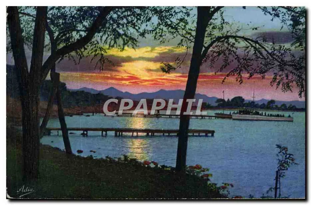 Pôr do sol sobre um lago — vista de um parque — editor Adia, série 11429 - Frente