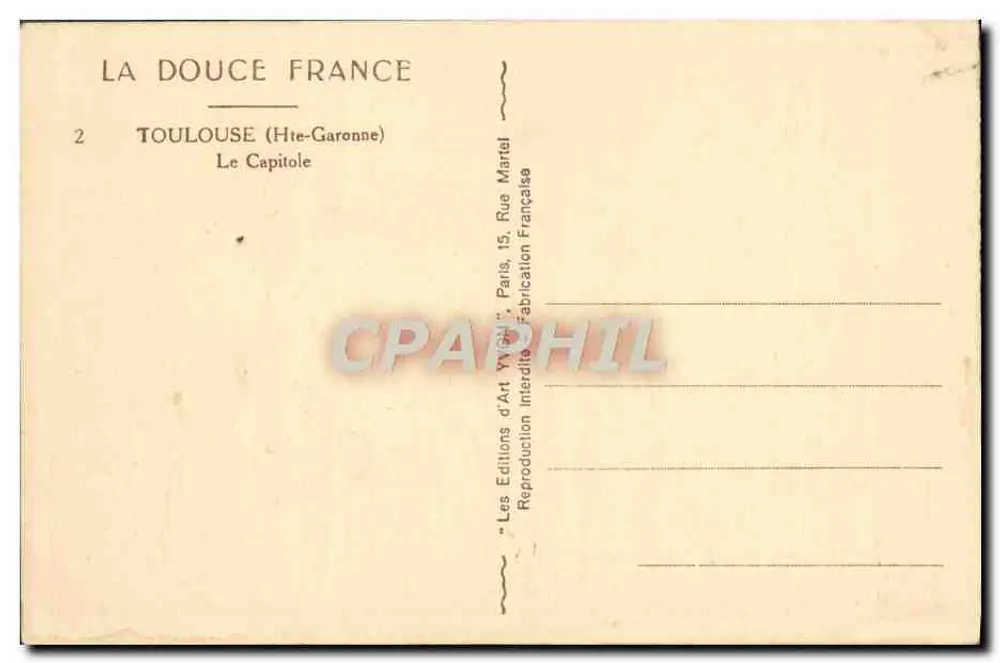 Toulouse — O Capitólio — Éditions d'Art W. Gatti, Paris - Verso