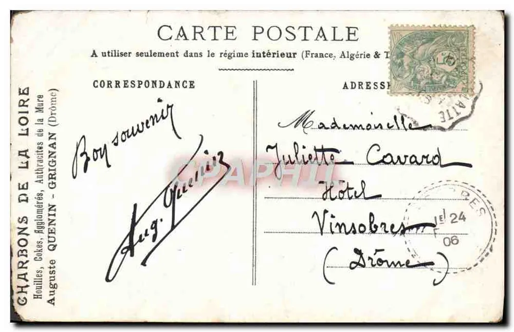 Frau in grüner Robe am Briefkastenbaum — Waldszene mit Putto — Verlag Charbons de la Loire - Rückseite