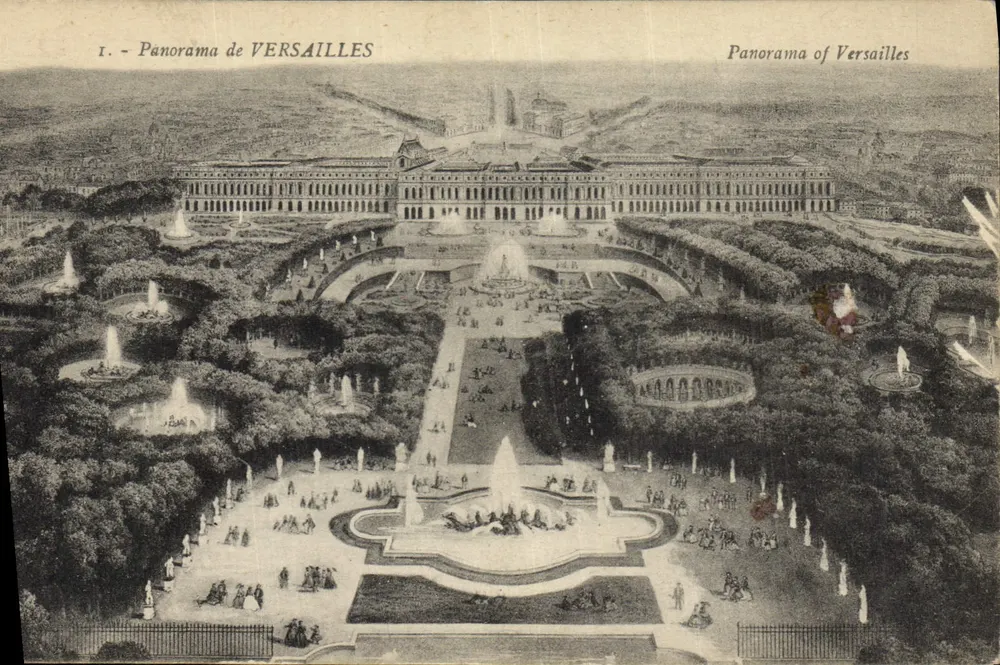 Panorama de VERSAILLES — vista aérea dos jardins e do castelo — M.° MOREAU ÉDITE, VERSAILLES - Frente