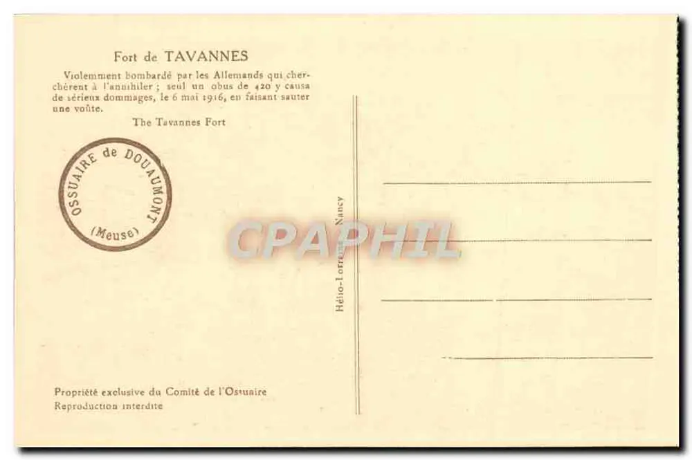 Fort de TAVANNES — bombardé en 1916 — Ossuaire de Douaumont - Verso