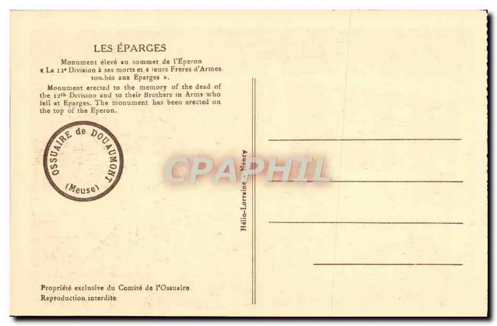 Les Éparges — Wysoki pomnik na szczycie Eperon dla 12. Dywizji i ich Braci w Broni — Ossuaire de Douaumont - Rewers