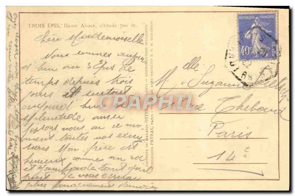 TRÊS ESPIGAS, Alta-Alsácia — vista através dos pinheiros — editor Patras - Verso