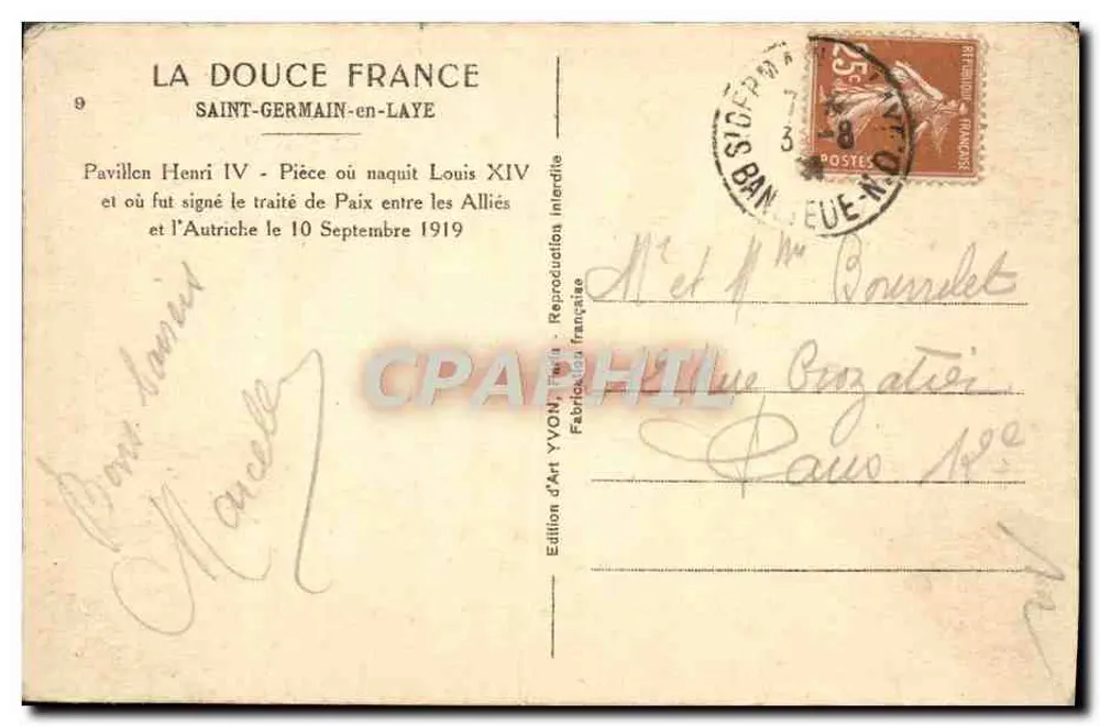 Pavillon Henri IV — Salle du traité de paix — Édition d'art YVON, n°9 - Verso
