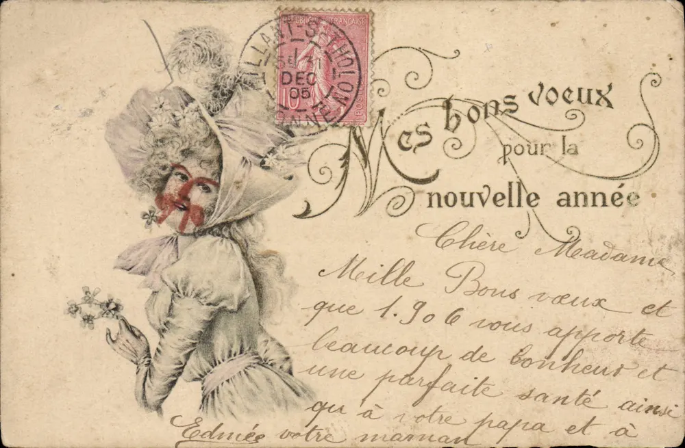 Femme en chapeau orné — scène de vœux — éditée par J. Hurlin-Metz - Anverso