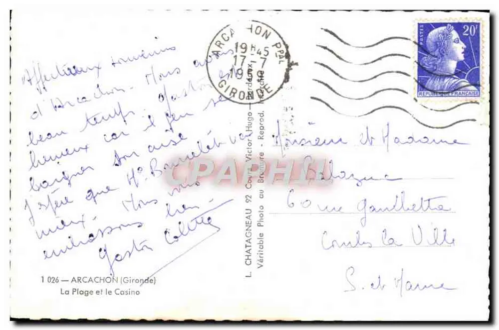Arcachon — A Praia e o Cassino — L. Chatacneau - Verso