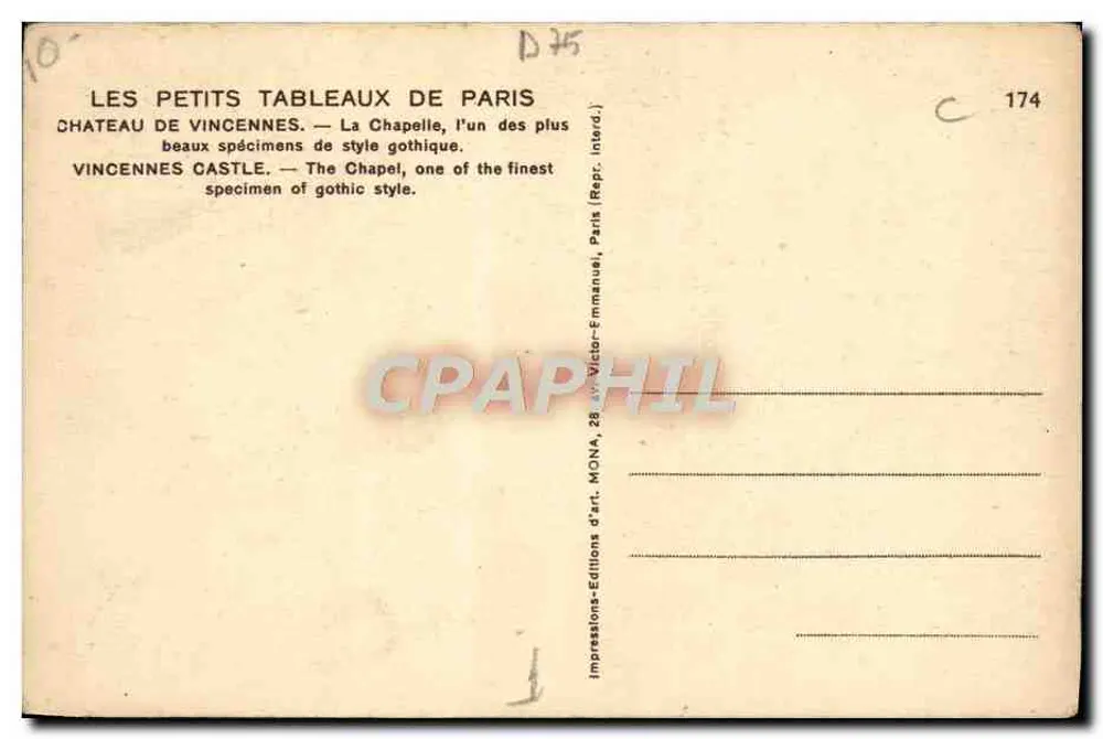 Castelo de Vincennes — Capela — editor Mona, n° 174 - Verso
