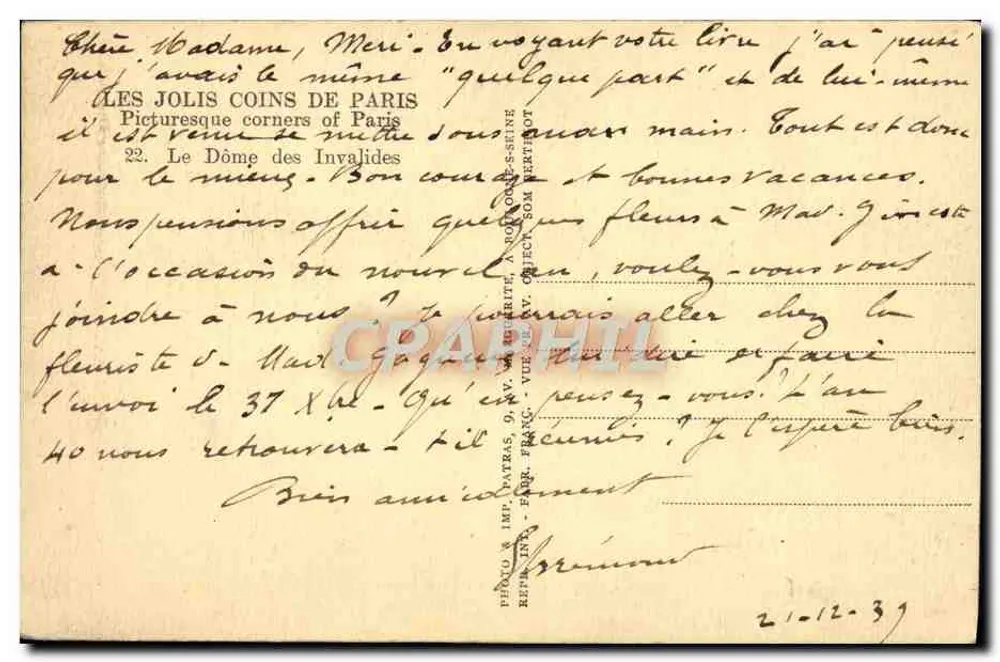 O Domo dos Invalidos — Paris — Editor Patras, n°22 - Verso