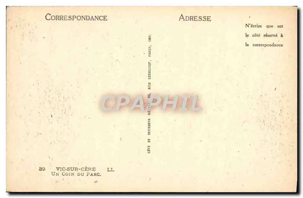 Um canto do parque — Vic-sur-Cère — Lévy e Neurdein, Paris - Verso