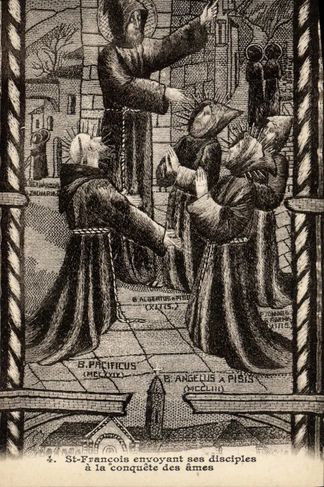 St-François sendet seine Jünger zur Erlösung der Seelen — religiöse Illustration — Verlag nicht sichtbar - Vorderseite