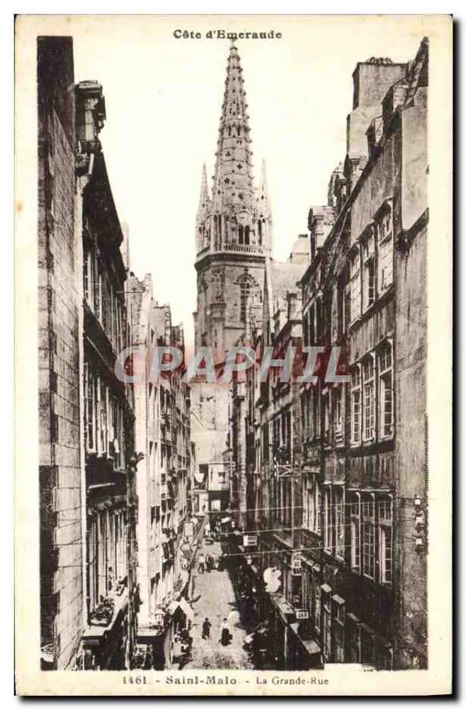 Saint-Malo - La Grande-Rue — vista de la Costa de Esmeralda con la flecha de la iglesia — editor Laurent-Nel-Brennes, n° 1461 - Anverso