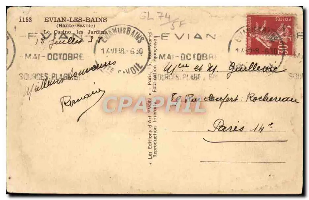 Le Casino des Jardins — Évian-les-Bains — Les Éditions d'Art Yvon, Paris - Rückseite