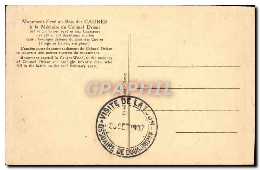 Denkmal für die Jäger des Bois des Caures — Caures — unbekannter Verleger, Seriennummer nicht sichtbar - Rückseite