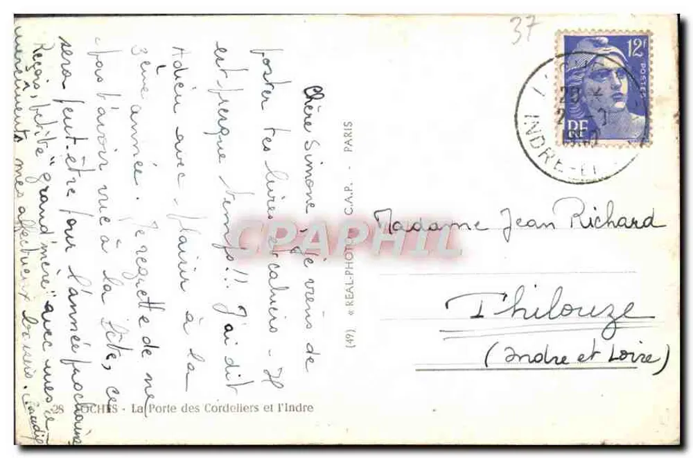 La Porte des Cordeliers und der Indre — Verlag REAL-PHOTO - PARIS, n° (49) - Rückseite