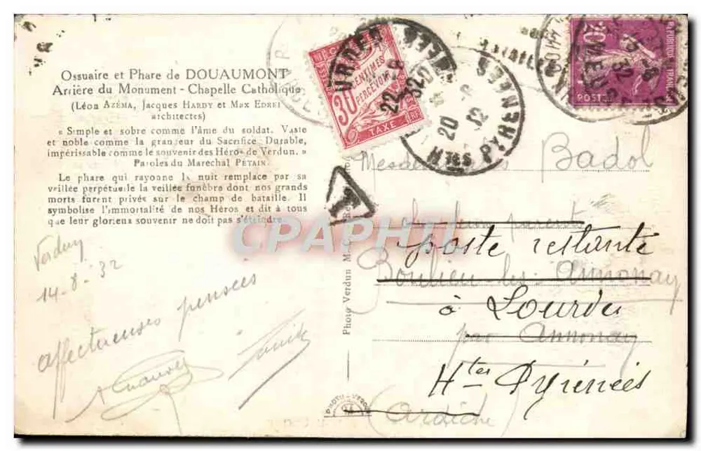 Ossuar und Leuchtturm von Douaumont — Nationales Denkmal — unbekannter Verlag, Seriennummer nicht sichtbar - Rückseite